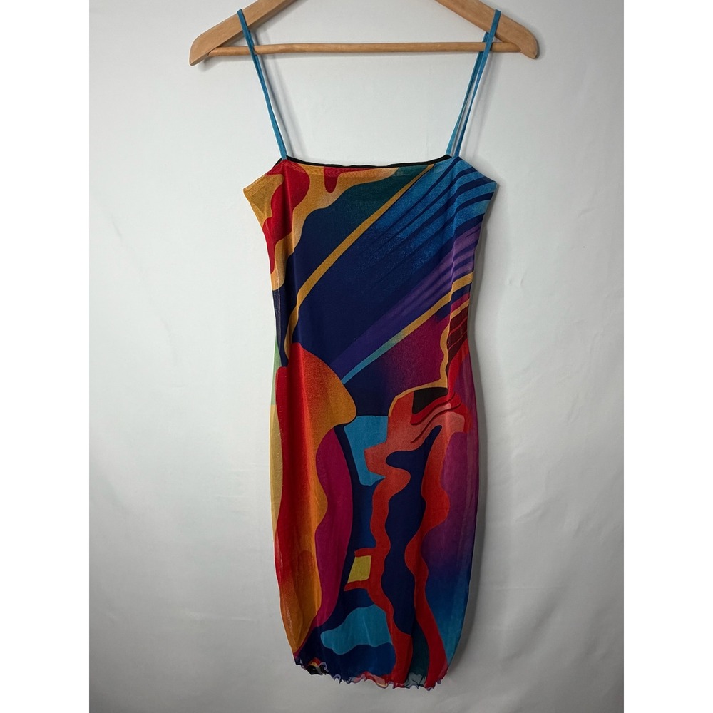 Y2K Multicolor Abstract Lava Mesh Bodycon Dress Sz S Retro 90s 13 Going on 30